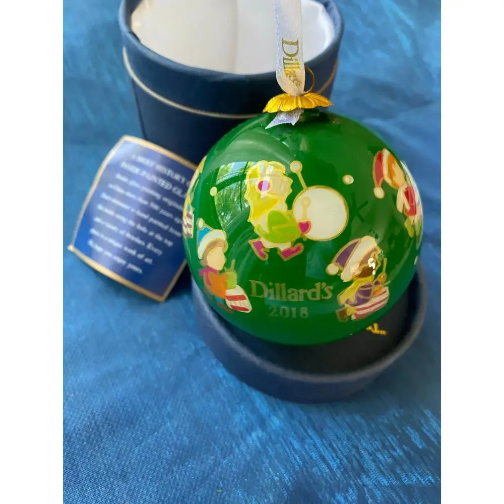 Dillard’s 2018 Hand Painted Glass Christmas Ornament Green Ball Box collection